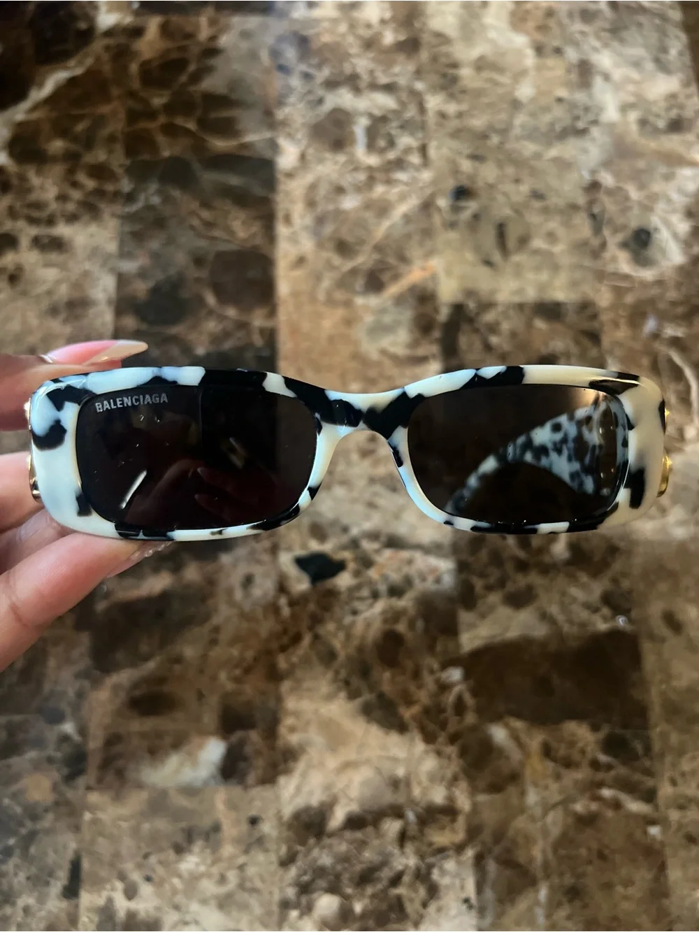 Balenciaga Black & White Tortoiseshell Logo Rectangular Sunglasses